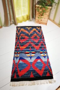 Handwoven Wool Art Wall Decor. Bright Colours Accent Denim Rug / Blanket /  Double layered technique. "Red Volano"