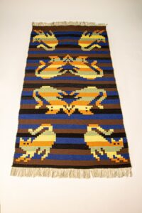 Handwoven Wool Rug, Floor runner,  Art Blanket with Playful Cats. Woven Art Wall hanging decor. Natural Materials. Blue Yellow. 230 x 115 cm