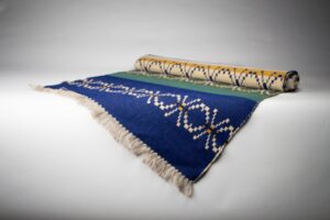 Handmade woven Rug, Wool Flax Linen. Textile Wall Decor. Handwoven Blanket. Floor runner. Modern Double sided design. Blue Yellow. 217x80 cm