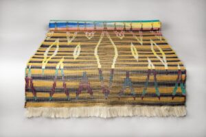 Large Abstract Art Handwoven Ikat Textile Wool Linen Floor Runner, Placemat Home Decor. Natural Yellow Rainbow colours design Primitive rug.